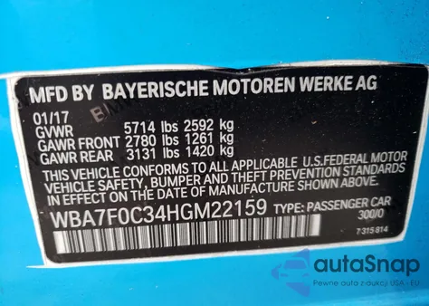 2017 BMW 750 I z USA, uszkodzony, nr VIN WBA7F0C34HGM22159